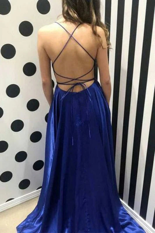 Blue Spaghetti Strap Dress with Side Slit Sexy Long Senior Prom Dresses